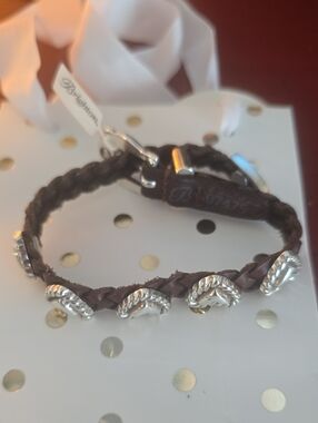 Brighton Brown Braided Leather Bracelet with Silver Heart Accents